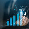 Image with business man standing beside chart showing exponential growth in private equity activity in 2025.